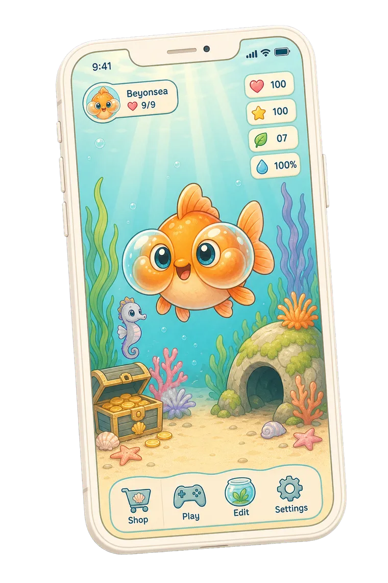 Illustrated Fishtank Pet aquarium screen with Beyonsea swimming among kelp
